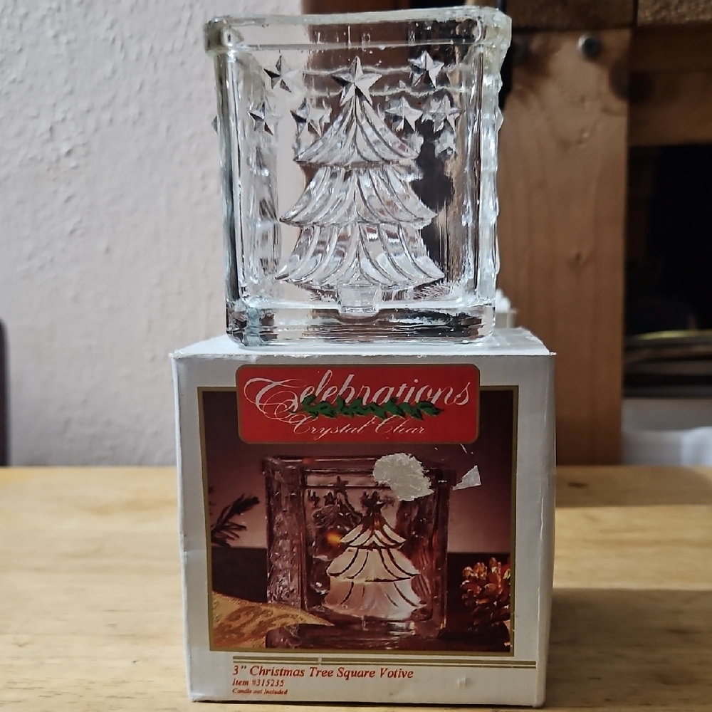 CELEBRATIONS Crystal Clear 3" Christmas Tree Square Votive CandleHolder-#4315235